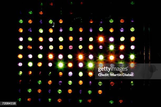 rows of multi colored spotlights arranged in heart shape - stage light equipment stock pictures, royalty-free photos & images