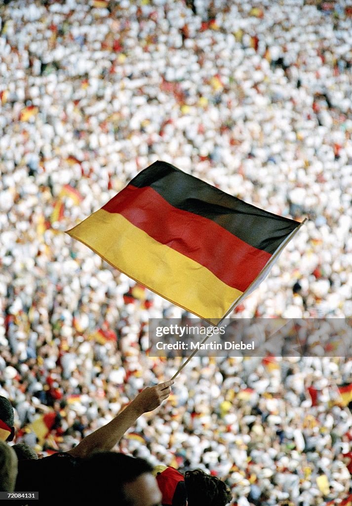 Spectator holding German flag at sports event