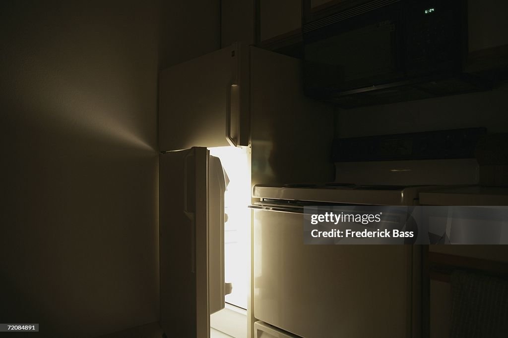 Refrigerator door open at night