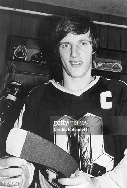 Canadian semi-professional ice hockey player Mike Bossy of the OHL's Laval Nationale poses for a portrait in a locker room, 1970s. Bossy played for...