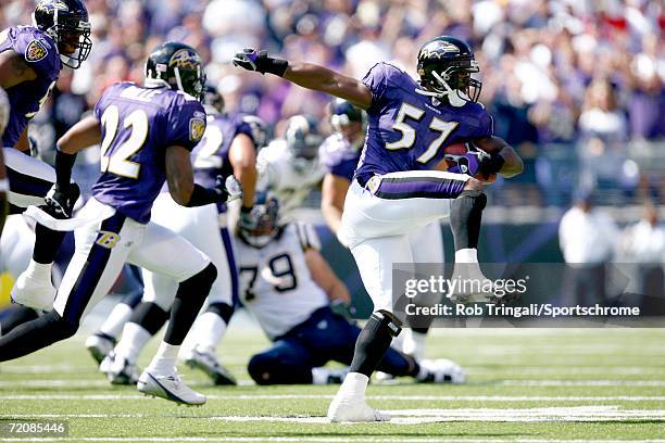 Bart Scott of the Baltimore Ravens returns an interception in the 1st quarter against the San Diego Chargers on October 1, 2006 at M&T Bank Stadium...