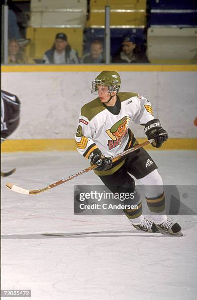 Canadian junior semi-professional ice hockey player Jason Spezza of the OHL's Brampton Battalion skates on the ice during a game, December 1998.