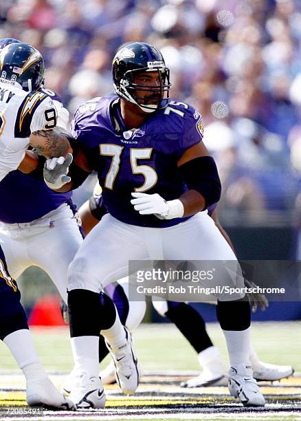 Jonathan Ogden of the Baltimore Ravens blocks against the San Diego Chargers on October 1, 2006 at M&T Bank Stadium in Baltimore, Maryland. The...