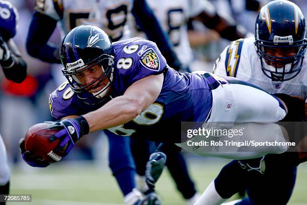 Todd Heap of the Baltimore Ravens dives for a go ahead touchdown in the 4th quarter against the San Diego Chargers on October 1, 2006 at M&T Bank...