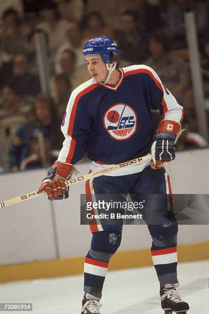 Canadian professional ice hockey player Barry Melrose of the Winnipeg Jets on the ice during a game, February 1980. Melrose played for Winnipeg from...