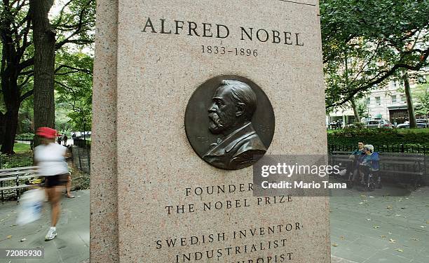 Monument to Nobel Prize founder Alfred Nobel stands October 4, 2006 in New York City. Americans have won all three of the Nobel Prizes announced this...