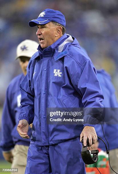 Rich Brooks, the Head Coach of the Kentucky Wildcats, shouts during the game against the Central Michigan Chippewas on September 30, 2006 at...