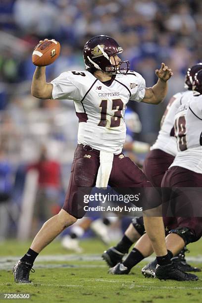 Dan LeFevour of the Central Michigan Chippewas passes the ball during the game against the Kentucky Wildcats on September 30, 2006 at Commonwealth...