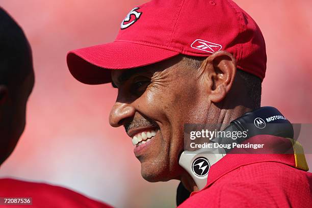 Head coach Herman Edwards of the Kansas City Chiefs looks on during the game against the San Francisco 49ers at Arrowhead Stadium on October 1, 2006...