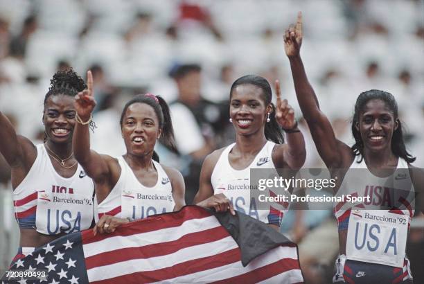 American track and field athletes, from left, Carlette Guidry-White, Evelyn Ashford, Esther Jones and Gwen Torrence of the United States team...