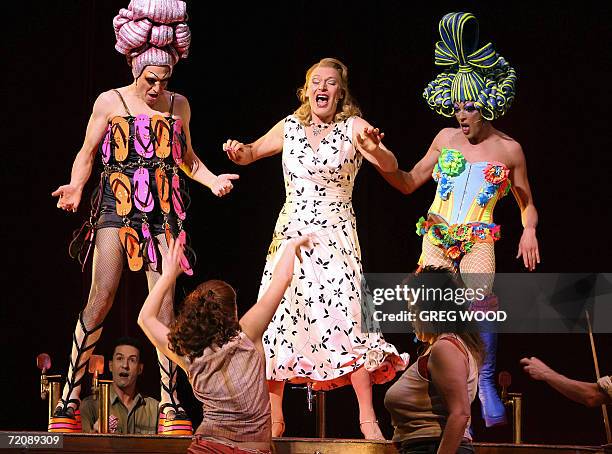 Jeremy Stanford who plays the part of Tick , Tony Sheldon who plays Bernadette and Daniel Scott who plays Adam , rehearse in Sydney, 05 October 2006,...