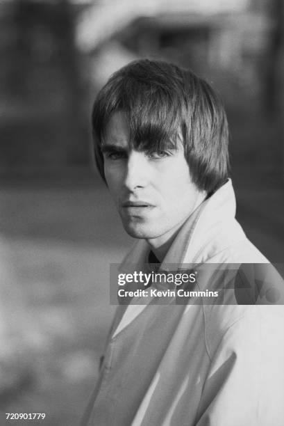 Singer Liam Gallagher of Manchester rock band Oasis, outside a studio on Sly Street in east London, 21st February 1994, 21st February 1994. (Photo by...