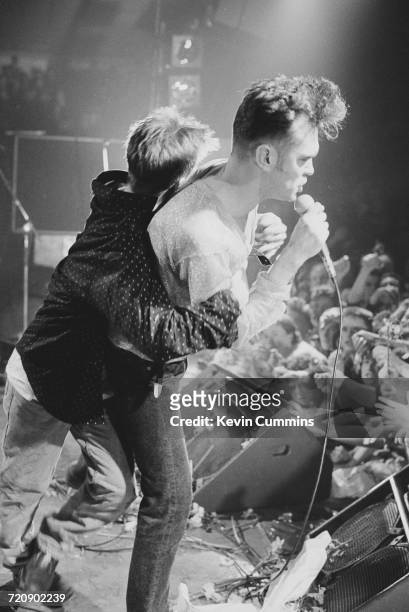 English singer and lyricist Morrissey performing at the National Stadium Dublin, Ireland, on the first date of his 'Kill Uncle Tour', 27th April 1991.
