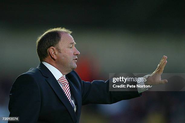 Gary Johnson manager of Bristol City gestures during the Coca Cola League One match between Northampton Town and Bristol City at Sixfields Stadium on...