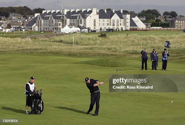 Sir Matthew Pinsent plays his second shot on the par four 2nd hole during the first round of the Alfred Dunhill Links Championship at The Carnoustie...