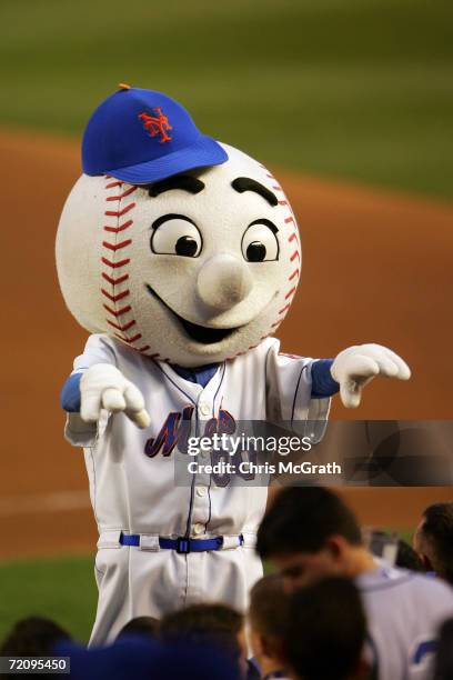 Mr. Met the mascot of the New York Mets entertains the crowd during game one of the National League Division Series against the Los Angeles Dodgers...