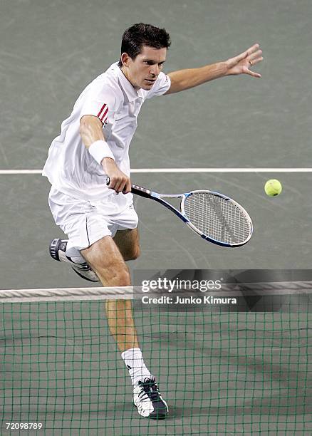 Tim Henman of Great Britain returns the ball against Juan Martin Del Potro of Argentina during the AIG Japan Open Tennis Championship 2006 on October...