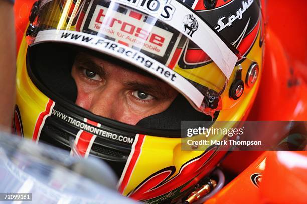 Tiago Monteiro of Portugal and Spyker MF1 Racing in the pits during first practice for the Japanese Formula One Grand Prix at Suzuka Circuit on...