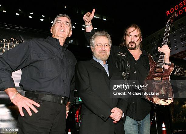 Actor R. Lee Ermey, producer Tobe Hooper and actor Andrew Bryniarski arrive at the premiere of New Line's "Texas Chainsaw Massacre: The Beginning" at...