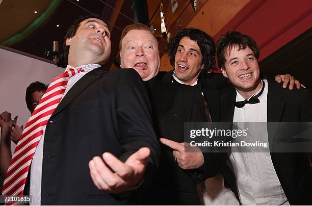 Mick Molloy, Bert Newton, Andy Lee and Hamish Blake pose together during the Fox FM broadcast at the Australian premiere of the new comedy "BoyTown"...