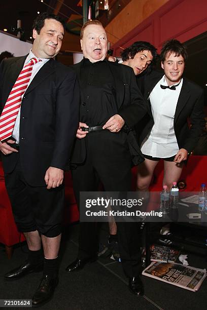 Mick Molloy, Bert Newton, Andy Lee and Hamish Blake pose together during the Fox FM broadcast at the Australian premiere of the new comedy "BoyTown"...