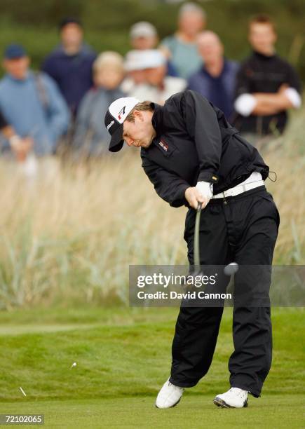 Richard Ramsay of Scotland tees off at the 2nd hole during the second round of the Alfred Dunhill Links Championship at Carnoustie, on October 6 in...