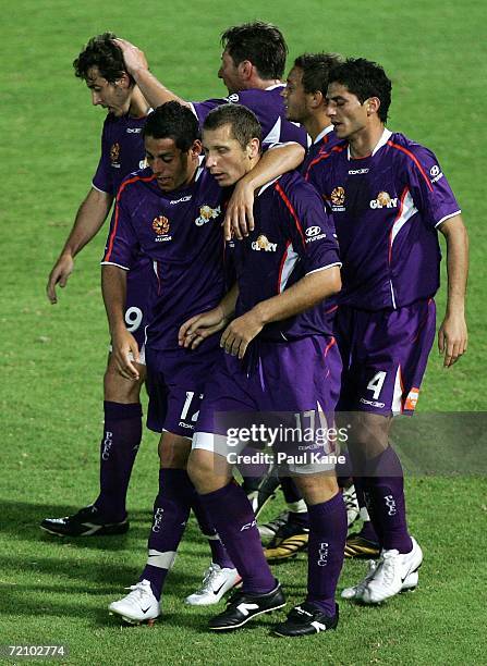 Glory players celebrate a goal scored by Stuart Young during the round seven Hyundai A-League match between Perth Glory and the New Zealand Knights...