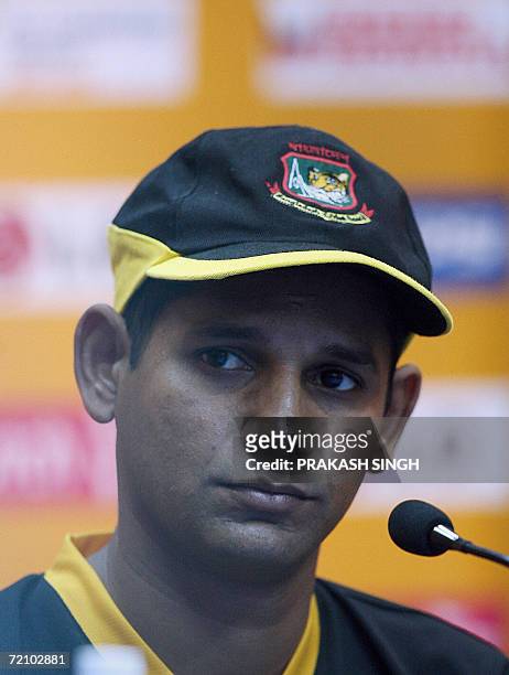 Bangladesh cricket team captain Habibul Basher addresses a press conference at the Punjab Cricket Association stadium on the eve of the first match...