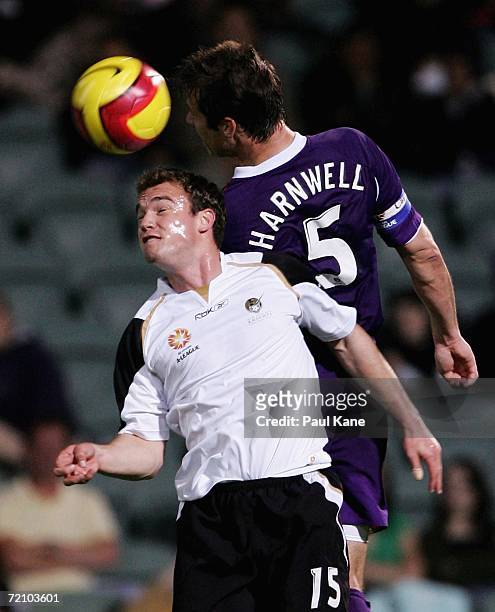 Jamie Harnwell of the Glory and Noah Hickey of the Knights contest the ball during the round seven Hyundai A-League match between Perth Glory and the...