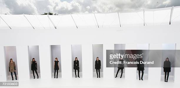 Model stands on the catwalk at the Chanel Haute Couture Fall-Winter 2006/07 Fashion show during Paris Fashion Week at Pelouse de St Cloud on July 6,...
