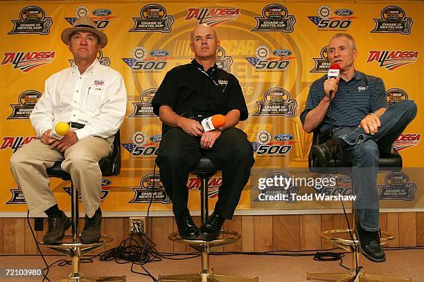 Mark Martin, driver of the AAA Ford, speaks to the media regarding his plans for the 2007 season with Geoff Smith, and car owner Jack Roush on hand,...