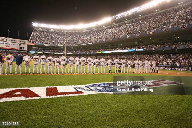 The Detroit Tigers lineuo during pre-game introductions prior to the American League Division Championship game against the New York Yankees at...