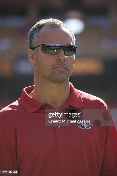 Head Coach Mike Nolan of the San Francisco 49ers looks on before the game against the Kansas City Chiefs at Arrowhead Stadium on October 1, 2006 in...
