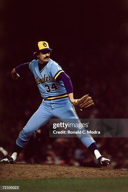 Pitcher Rollie Fingers of the Milwaukee Brewers pitching to the New York Yankees in Game 3 of the American League Division Series in Yankee Stadium...