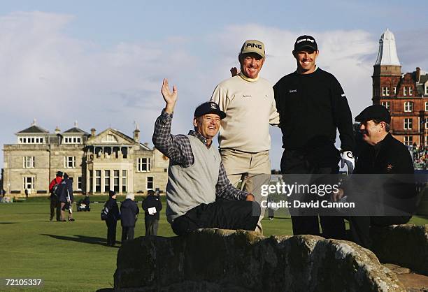 Bill Murray, Miguel Angel Jimenez, Padraig Harrington and JP McManus pose for a photograph on the Swilkin Burn bridge during the Second Round of The...