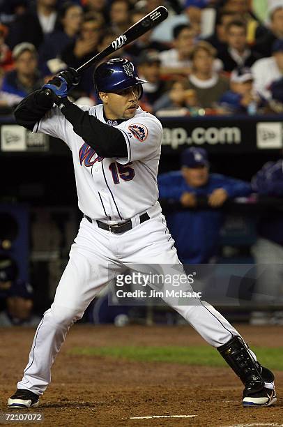 Carlos Beltran of the New York Mets bats against the Los Angeles Dodgers during game two of the National League Division Series at Shea Stadium on...