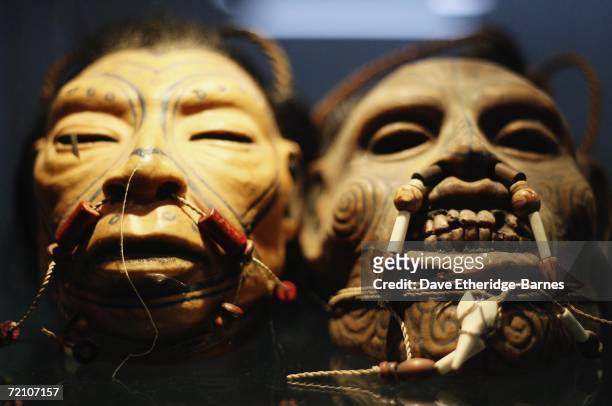 Mock shrunken heads are displayed on a stall at the second British international tattoo event on October 6, 2006 at The Old Truman Brewery in Brick...