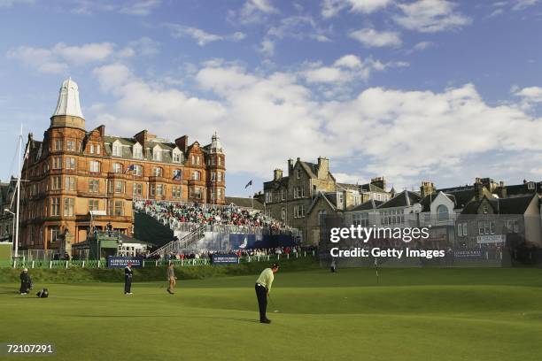 Ernie Els of South Africa plays to the 18th Hole green during the Second Round of The Alfred Dunhill Links Championship at The Old Course on October...