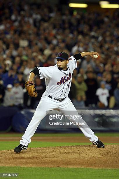 Pedro Feliciano of the New York Mets pitches against the Los Angeles Dodgers during game two of the National League Division Series at Shea Stadium...