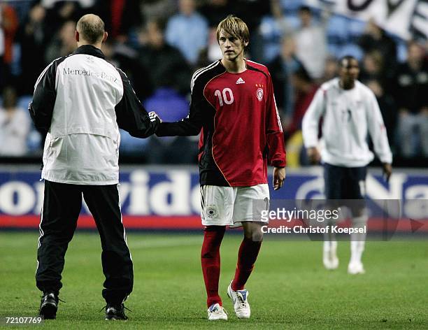 Aaron Hunt of Germany leaves the pitch disappointed after loosing 0:1 the Men's European U21 Championship qualifying first leg game between England...