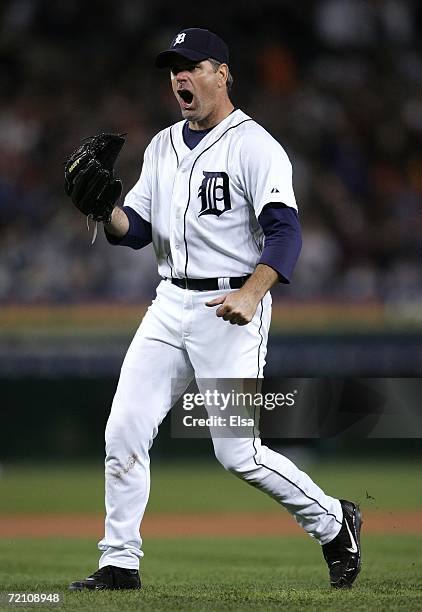 Starting pitcher Kenny Rogers of the Detroit Tigers celebrates against the New York Yankees during Game Three of the 2006 American League Division...