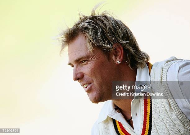 Shane Warne of St Kilda looks on during the Premier Cricket match between St Kilda Saints and Foots-Edgewater Bulldogs at the Junction Oval on...