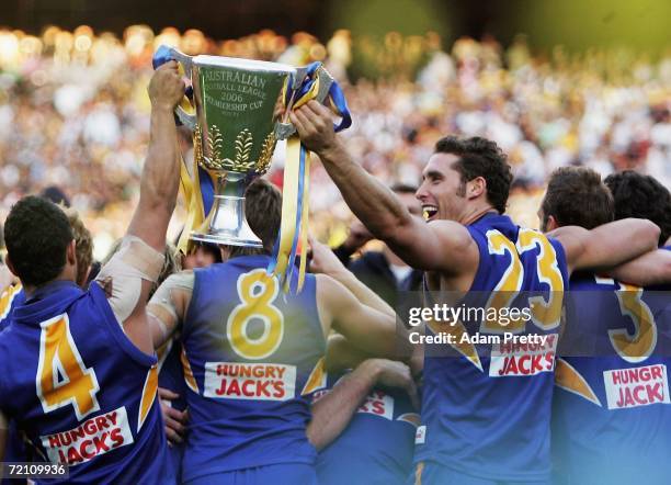 The West Coast Eagles team celebrate victory after the AFL Grand Final match between the Sydney Swans and the West Coast Eagles at the Melbourne...