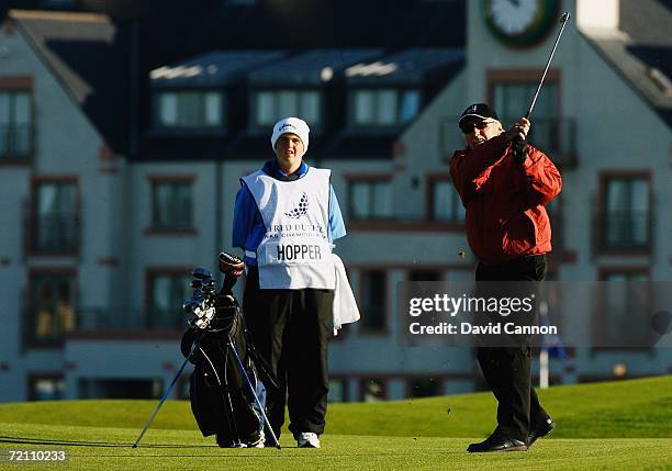 Actor Dennis Hopper plays his second shot at the 1st Hole during the Third Round of The Alfred Dunhill Links Championship at Carnoustie Colf Club on...