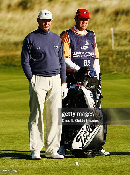 Ernie Els of South Africa waits to take his second shot at the 2nd hole during the Third Round of The Alfred Dunhill Links Championship at Carnoustie...