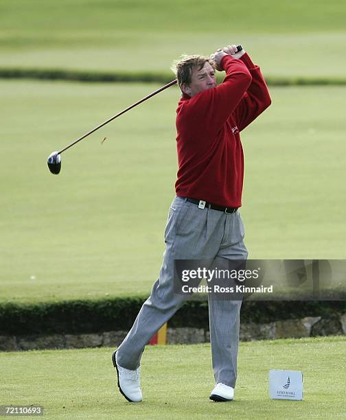 Kenny Dalglish tees off on the par four second hole during the third round of the Alfred Dunhill Links Championship on the Old Course on October 7,...