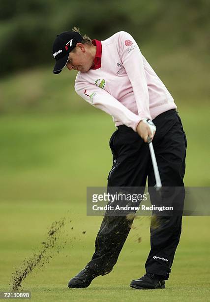 Scott Drummond of Scotland hits his second shot on the 17th hole during the third round of The Alfred Dunhill Links Championship at Kingsbarns Golf...