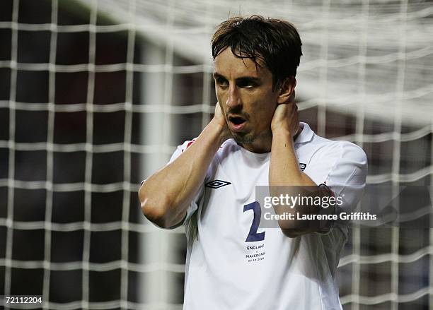 Despair for Gary Neville of England as he misses a chance during the Euro 2008 Qualifying match between England and Macedonia at Old Trafford on...