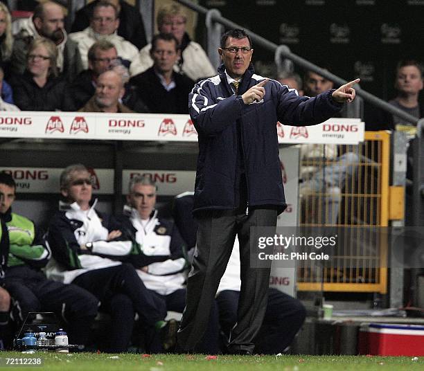 Lawrie Sanchez Manager of Northern Ireland gives instructions at the Parken Stadium during the Euro 2008 group F qualifier between Denmark and...