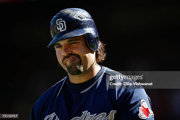 Mike Piazza of the San Diego Padres reacts after striking out against the St. Louis Cardinals during the fifth inning of Game Three of the National...